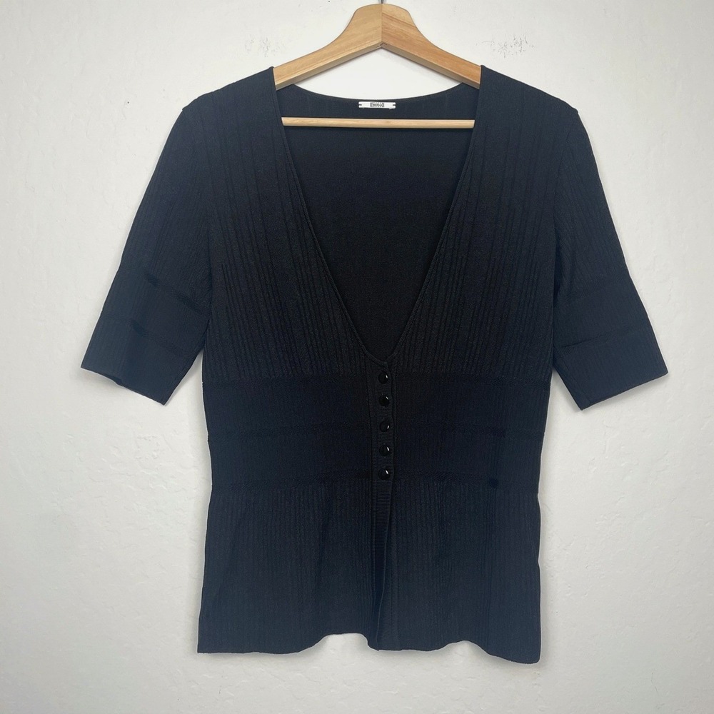 Wolford Ribbed Viscose Blend Short Sleeve Button Front Top Black Size Small